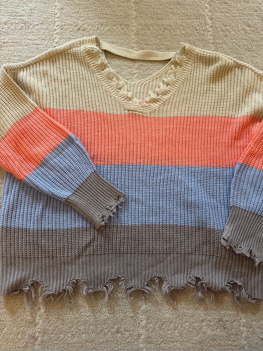 Striped Distressed V‑Neck Sweater in Cream, Coral & Blue